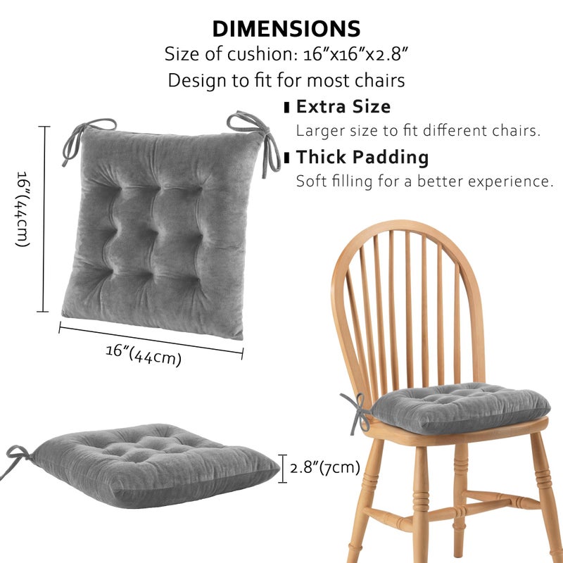 ELFJOY 4 Pack Chair Cushions for Dining Chairs Chair Pads Cushion for Kitchen Office Tufted Square Seat Cushion with Ties (16" Grey Velvet) - Image 5